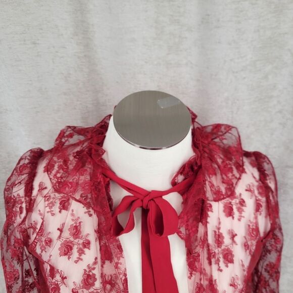 French Cherry Red See Through Lace Coquette Girl Long Sleeves Top Jacket - Picture 3 of 15